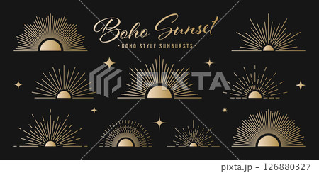 Vintage golden sunburst, sunset beams collection. Boho style, modern minimalist bohemian design. Hand drawn bursting sun, light rays. Logotype or lettering retro design element. Vector illustration Vintage golden sunburst, sunset beams collection. Boho style, modern minimalist bohemian design. Hand drawn bursting sun, light rays. Logotype or lettering retro design element. Vector illustration 126880327