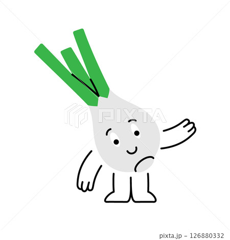 Funny onion character is smiling and hand waving. Fresh organic vegetables. Healthy eating. Vector illustration. Funny onion character is smiling and hand waving. Fresh organic vegetables. Healthy eating. Vector illustration. 126880332