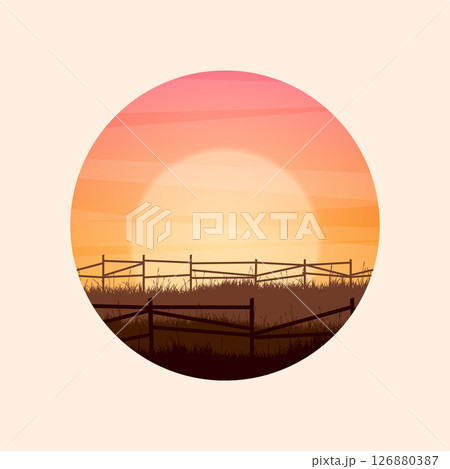 Meadow silhouettes with grass and old wooden fence. Countryside, round panoramic summer lawn rural landscape with herbs, weeds. Agriculture and farming. Summer sunset in nature. Vector illustration Meadow silhouettes with grass and old wooden fence. Countryside, round panoramic summer lawn rural landscape with herbs, weeds. Agriculture and farming. Summer sunset in nature. Vector illustration 126880387