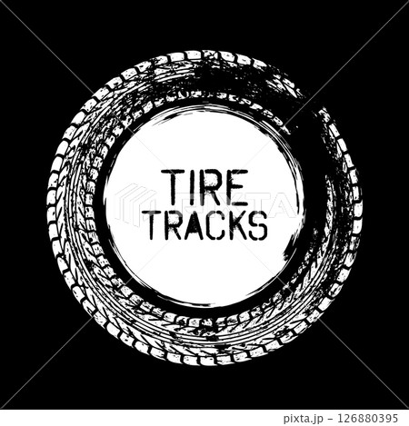 Grunge circle tire track, wheel braking mark. Truck, car or motorcycle tread pattern silhouettes. Auto race, motorsport, speed racing design element. Vector illustration 126880395
