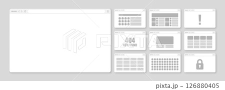Web browser window, pages layout with toolbar and search field. Modern website, internet page in flat style. Browser mockup for computer, tablet and smartphone. Adaptive UI. Vector illustration 126880405