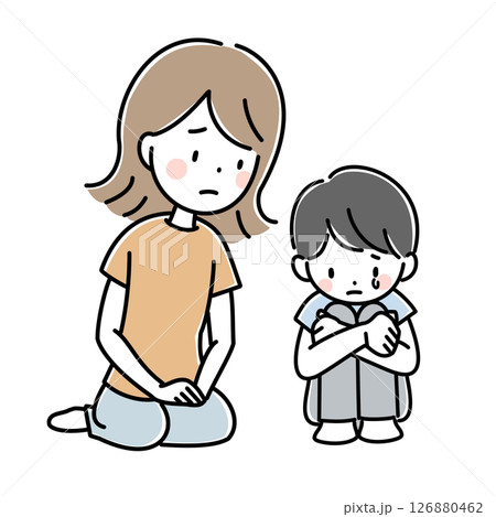 辛い思いをしている子供と寄り添う母親のイラスト 126880462