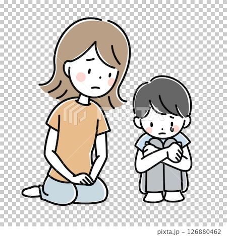 辛い思いをしている子供と寄り添う母親のイラスト 126880462