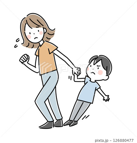 嫌がる子供と手を引く母親のイラスト 126880477