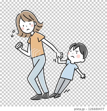 嫌がる子供と手を引く母親のイラスト 126880477