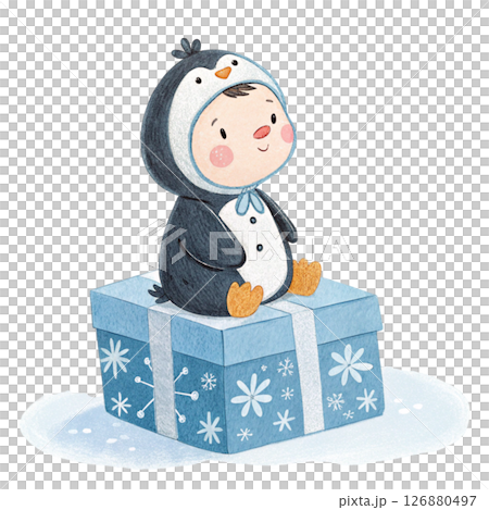 kid animal costume sitting on a gift box with minimalist white background kid animal costume sitting on a gift box with minimalist white background 126880497