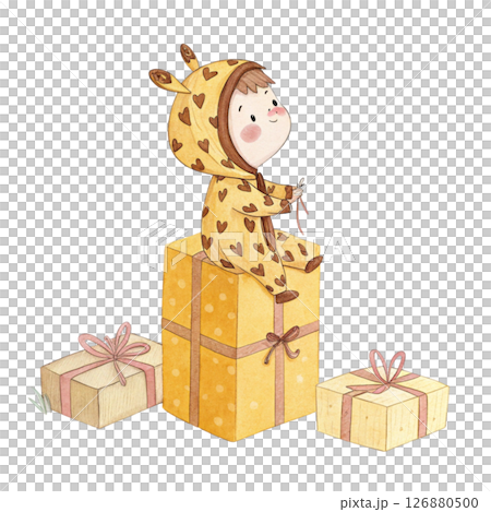kid animal costume sitting on a gift box with minimalist white background kid animal costume sitting on a gift box with minimalist white background 126880500