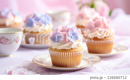 アンティーク食器に咲く紫陽花カップケーキ 126880712