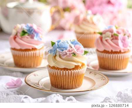 アンティーク食器に咲く紫陽花カップケーキ 126880714