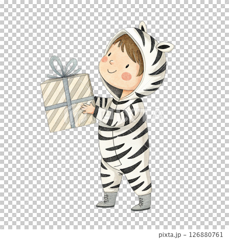 Cute animal costume kid standing holding a gift box  in Minimal  Clipart  White background style , cute and warm 126880761