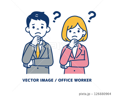 不安そうな表情の、ビジネスマンのシンプルなベクターイラスト素材＿男女セット 126880964