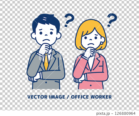 不安そうな表情の、ビジネスマンのシンプルなベクターイラスト素材＿男女セット 126880964