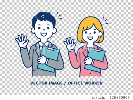 ファイルを片手に挨拶する、ビジネスマンのシンプルなベクターイラスト素材＿男女セット 126880968