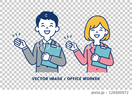 Simple vector illustration material of a businessman holding a document and guiding, male and female set Simple vector illustration material of a businessman holding a document and guiding, male and female set 126880972