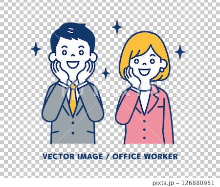 目を潤ませて感激する、ビジネスマンのシンプルなベクターイラスト素材＿男女セット 126880981
