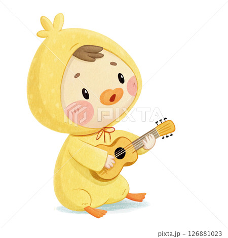 Cute animal costume kid standing holding a guitar in Minimal  Pastel  Clipart style watercolor  126881023