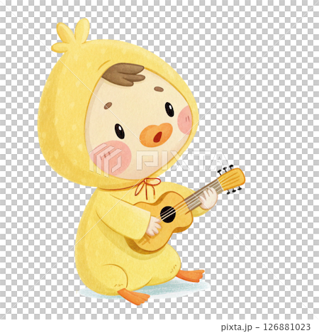 Cute animal costume kid standing holding a guitar in Minimal  Pastel  Clipart style watercolor  126881023
