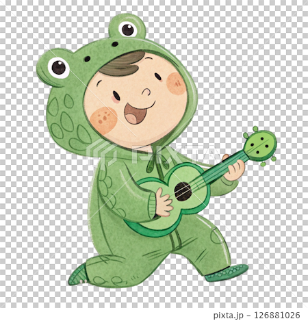 Cute animal costume kid standing holding a guitar in Minimal  Pastel  Clipart style watercolor  126881026