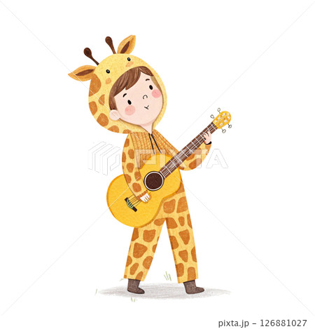 Cute animal costume kid standing holding a guitar in Minimal  Pastel  Clipart style watercolor  126881027