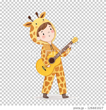 Cute animal costume kid standing holding a guitar in Minimal  Pastel  Clipart style watercolor  126881027