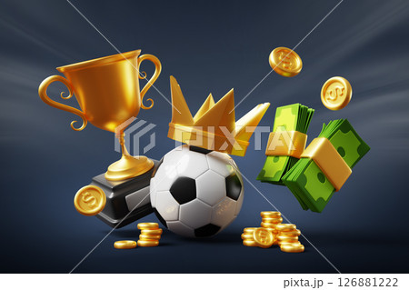 Football betting dark background. Soccer ball with golden crown, championship cup with flying coins and dollar money stacks. Sports forecast, bet and win in bookmaker, cartoon render. 3D illustration Football betting dark background. Soccer ball with golden crown, championship cup with flying coins and dollar money stacks. Sports forecast, bet and win in bookmaker, cartoon render. 3D illustration 126881222