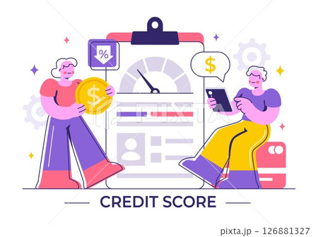 Credit Score Vector Illustration with a Loan Arrow Gauge Speedometer Indicator Displaying Ratings from Poor to Good in a Flat Style Background 126881327