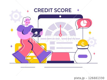 Credit Score Vector Illustration with a Loan Arrow Gauge Speedometer Indicator Displaying Ratings from Poor to Good in a Flat Style Background 126881330