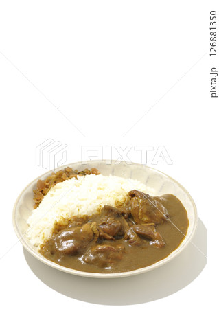 大きな鶏肉がゴロゴロと入っているチキンカレーを白背景で撮影 126881350