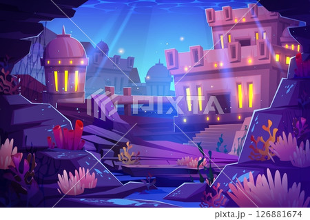 Underwater city with architecture in ocean depths Underwater city with architecture in ocean depths 126881674