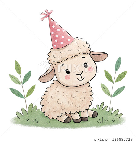 Cute Baby Animals with Party Hat Clipart watercolor  126881725