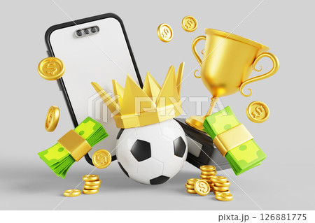 3d online sports betting in mobile app banner. Soccer ball with golden crown, champion cup with flying dollar coins and green money stacks. Bet on football, winner in bookmaker game. 3D illustration 126881775