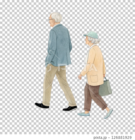 Elderly couple walking together in flat line cartoon style with white background Elderly couple walking together in flat line cartoon style with white background 126881929