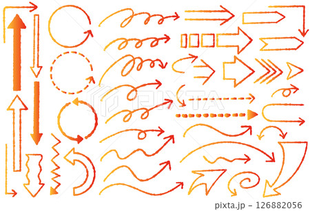 オレンジ系グラデーションの手書き矢印セット 126882056