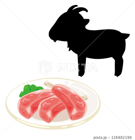 皿に盛られた山羊肉とヤギのシルエットイラスト 126882198