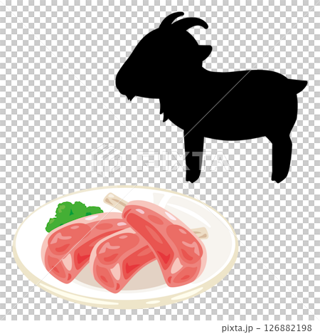 皿に盛られた山羊肉とヤギのシルエットイラスト 126882198