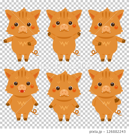 指さしをするイノシシのキャラクターイラストセット 126882243