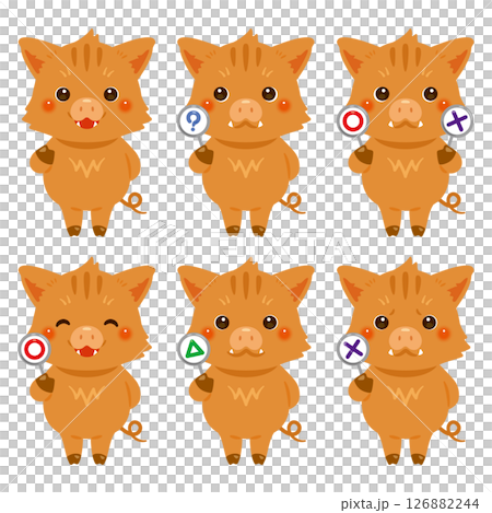 ○×△の札を持ったイノシシのキャラクターイラストセット 126882244