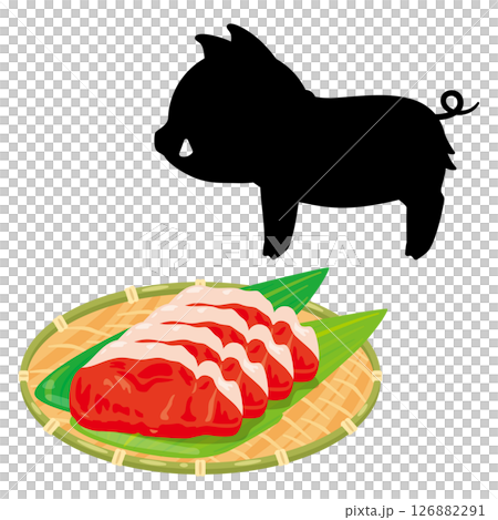 Silhouette illustration of wild boar and wild boar meat served in a colander 126882291