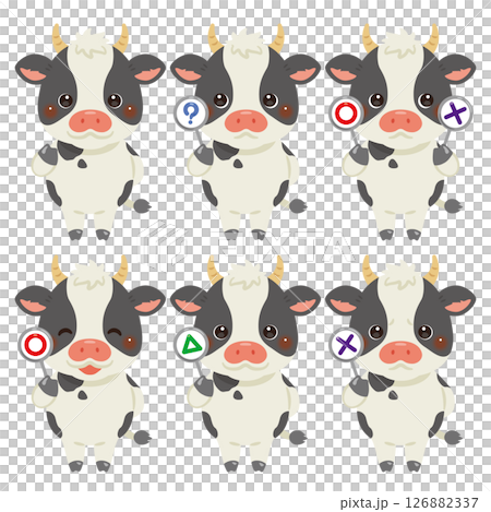 ○×△の札を持ったウシのキャラクターイラストセット ○×△の札を持ったウシのキャラクターイラストセット 126882337