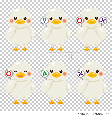 Set of duck character illustrations holding circle, square and triangle cards 126882343