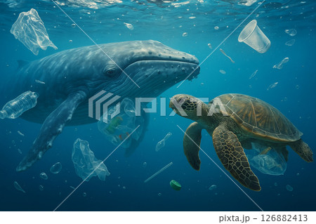 海の中でプラスチックごみに囲まれたクジラとウミガメの海の環境問題イメージ 海の中でプラスチックごみに囲まれたクジラとウミガメの海の環境問題イメージ 126882413