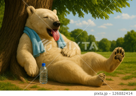 夏の暑さにぐったりして、熱中症対策に木陰で水分補給をしながら休むシロクマ 夏の暑さにぐったりして、熱中症対策に木陰で水分補給をしながら休むシロクマ 126882414