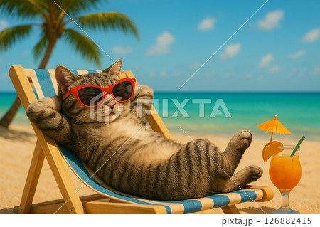 サングラス姿の猫がリゾートでくつろぐ夏のビーチ サングラス姿の猫がリゾートでくつろぐ夏のビーチ 126882415
