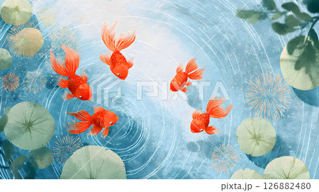 夏の風物詩・金魚と水草の水彩風イラスト背景 126882480