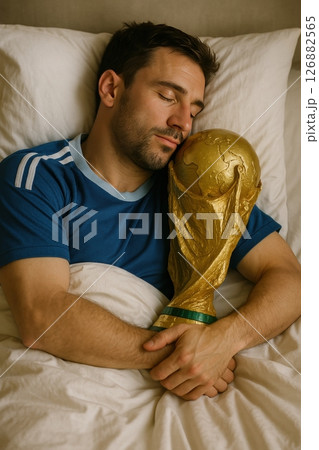 Young man in blue sports jersey peacefully sleeps in white bed, gently hugging golden championship trophy with smile, dreaming of victory and personal achievement 126882565