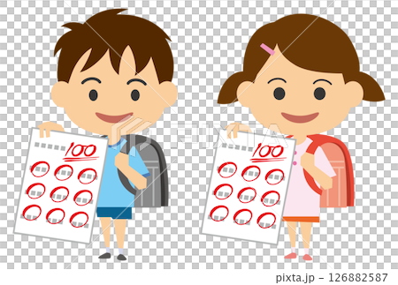 テストで満点のテストをとった小学生の男の子と女の子 126882587