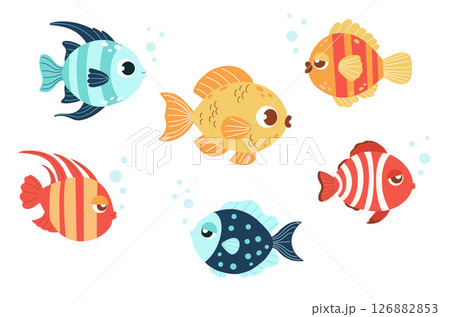 Cute Sea Tropical Fish set. Isolated underwater colorful decorative animals on white background. Vector illustration. Kids collection Cute Sea Tropical Fish set. Isolated underwater colorful decorative animals on white background. Vector illustration. Kids collection 126882853