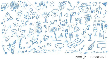 夏のアイコンセットー旅行やバケーションー手描きおしゃれなシンプルセットベクター素材 夏のアイコンセットー旅行やバケーションー手描きおしゃれなシンプルセットベクター素材 126883077