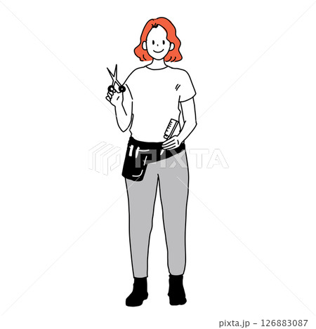 笑顔の女性美容師のイラスト（全身・ハサミ・コーム付き） 126883087