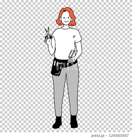 笑顔の女性美容師のイラスト（全身・ハサミ・コーム付き） 126883087